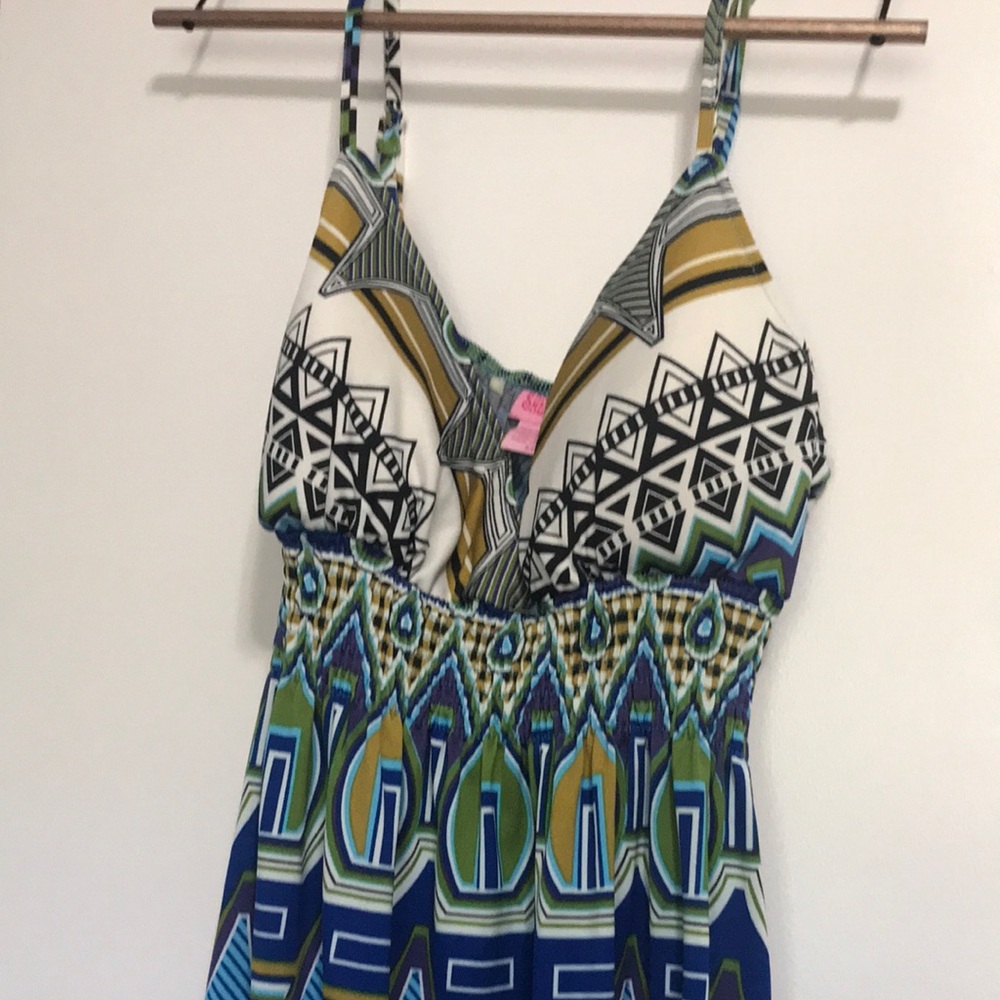 Geometric Pattern Maxi Dress in Blue, Green & Mustard
